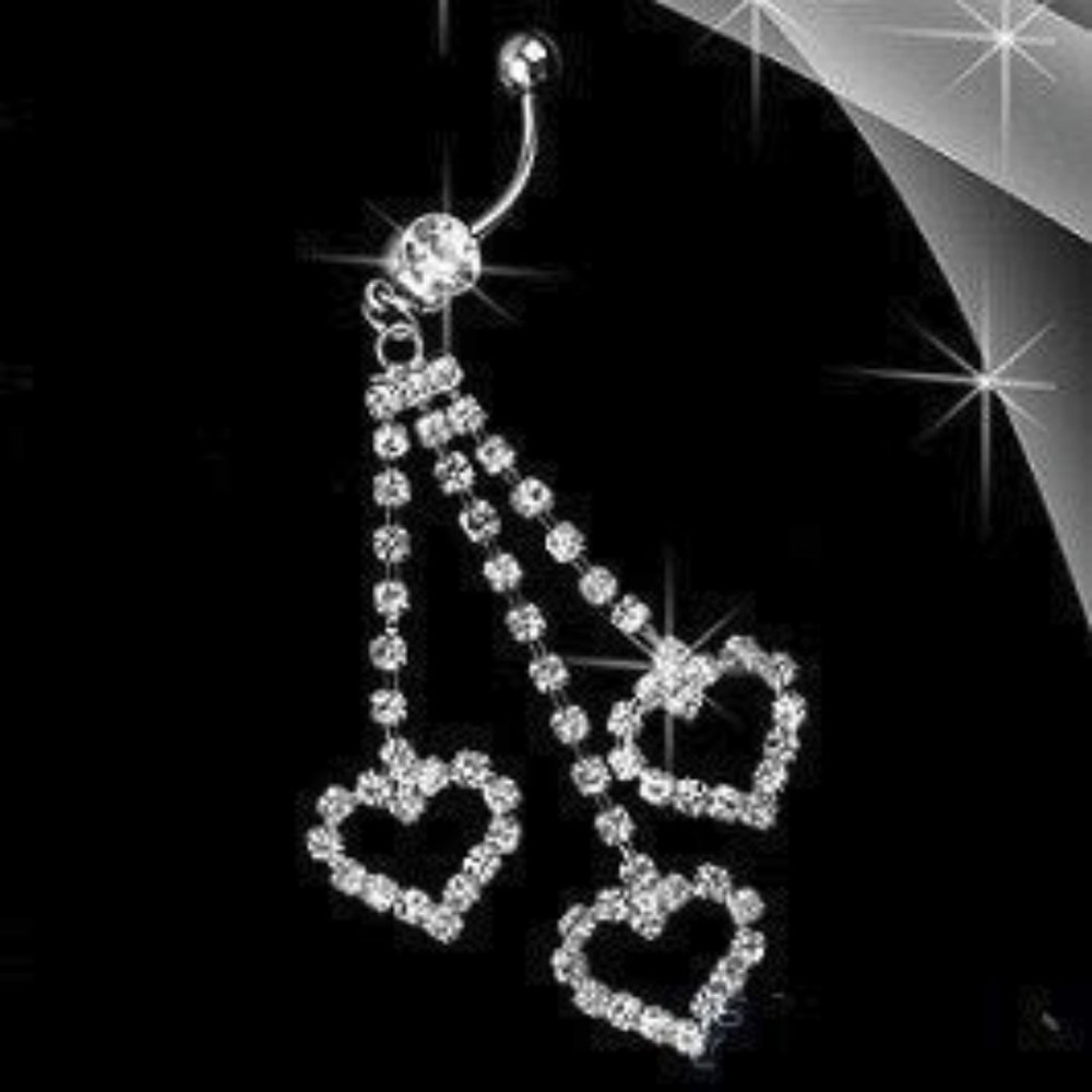 Navel Piercing ~ 3 - Dangling Hearts ~ Crystal ~ Silver